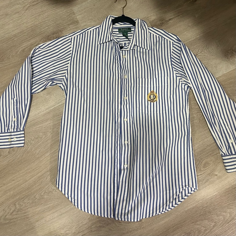 Vtg Lauren Ralph Lauren Button Up Shirt Gold Crown Crest Women Sz 8 Pinstripe